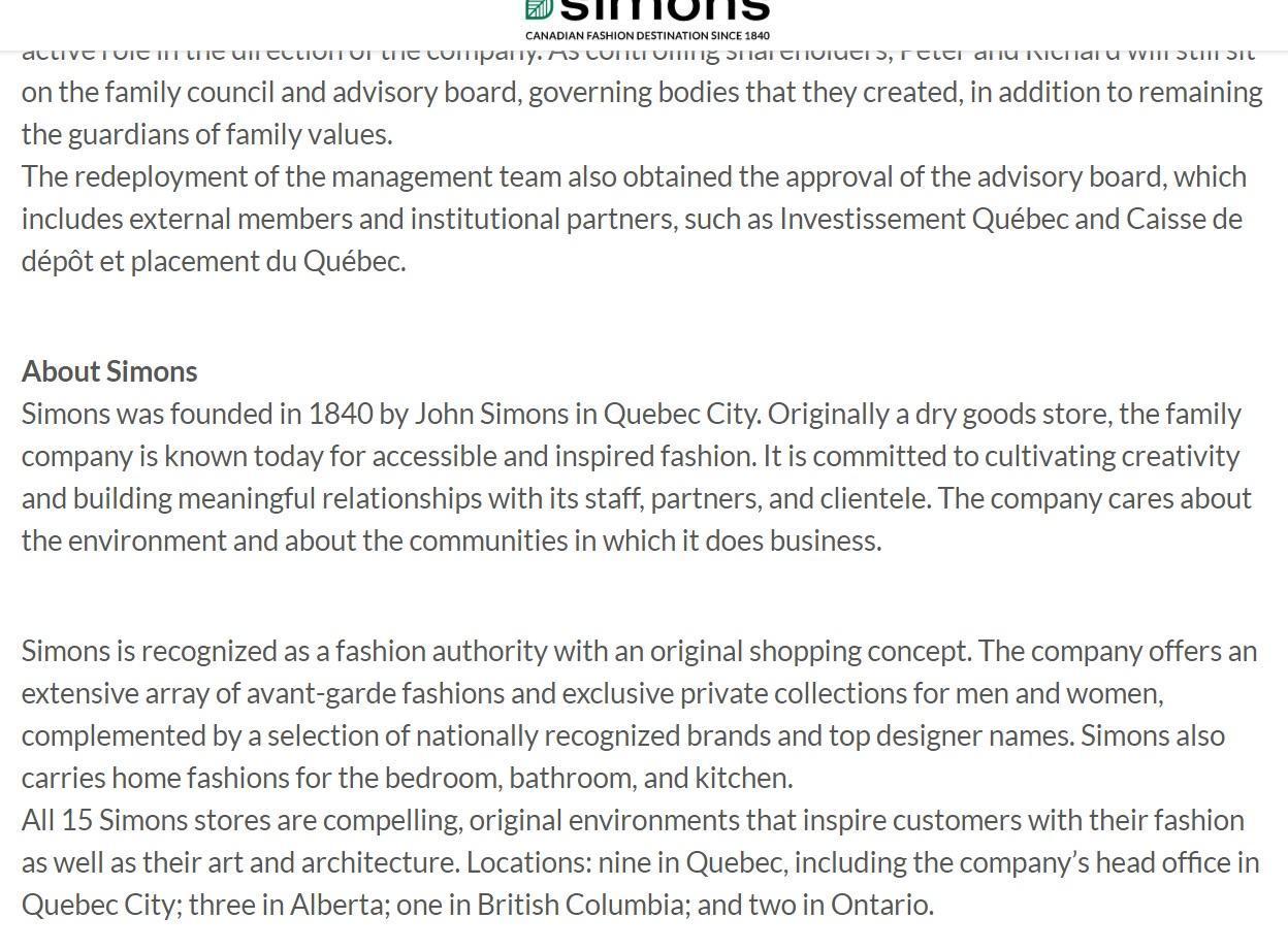 Simon's press release containing information about the company