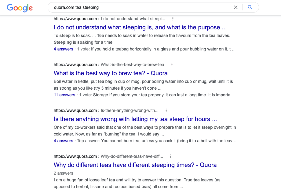Google search "quora.com tea steeping" with results from various quora.com questions answered
