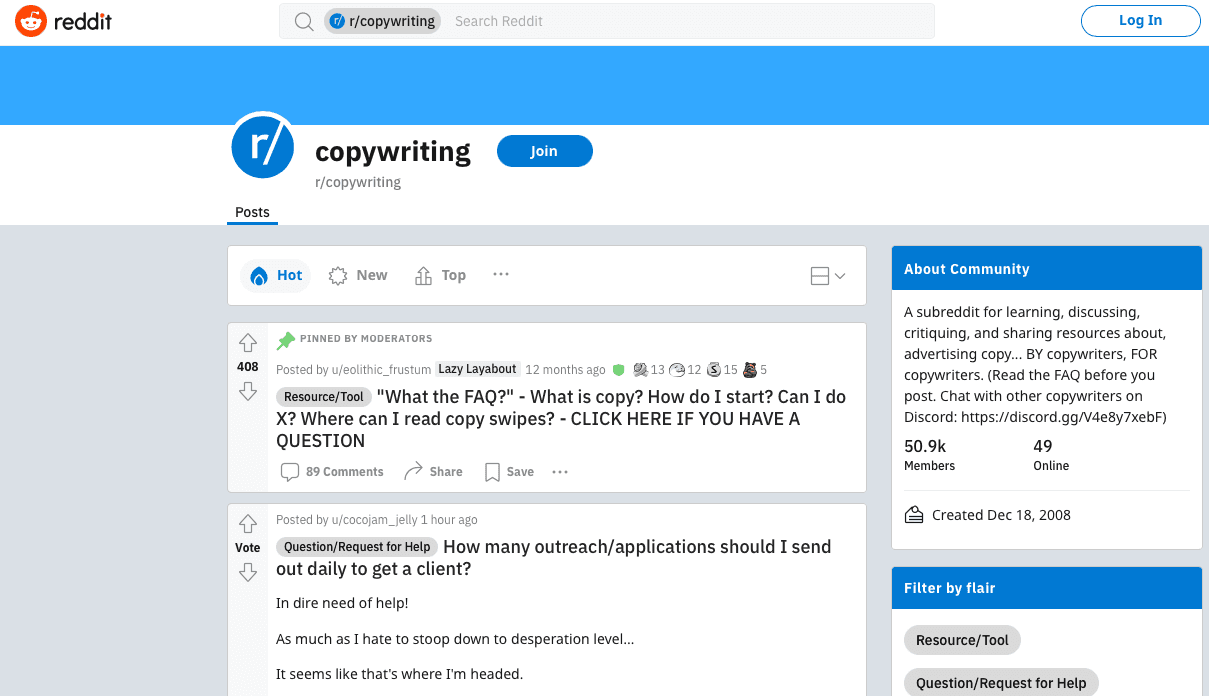 screenshot of the homepage for the r/copywriting subreddit