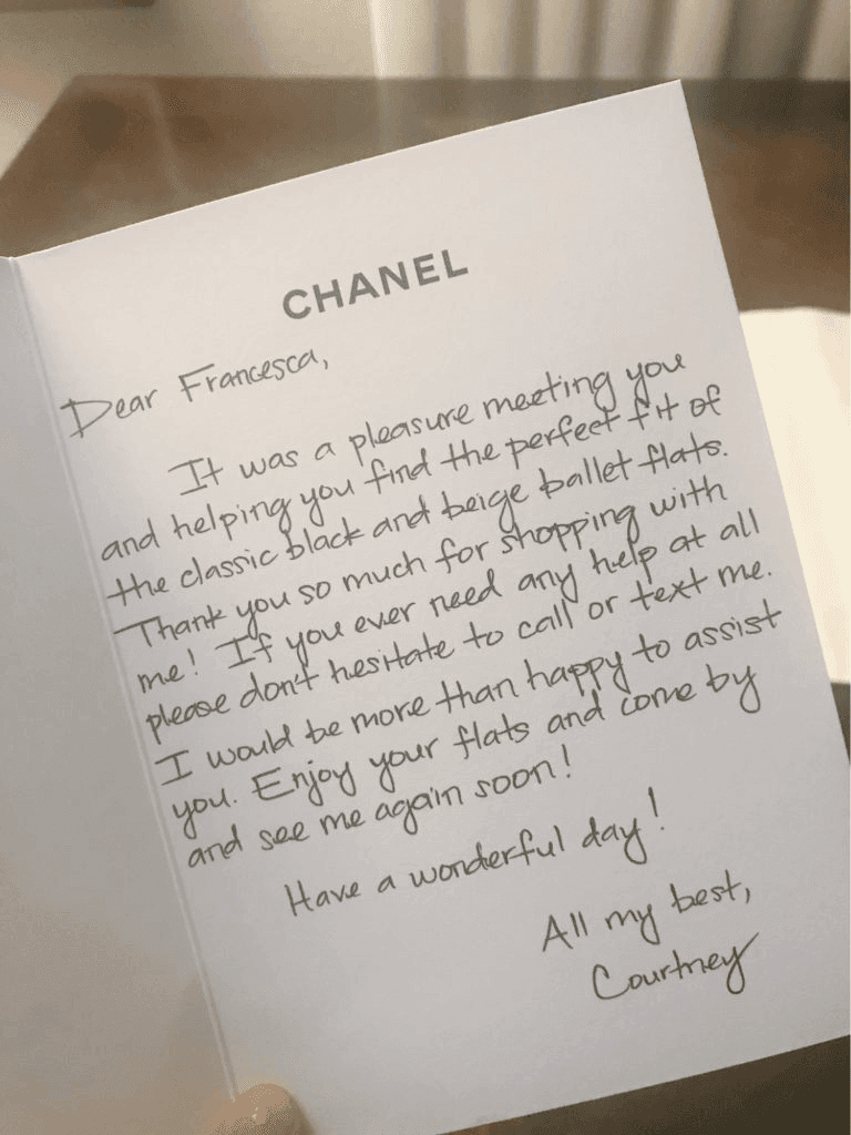 handwritten card from chanel to customer
