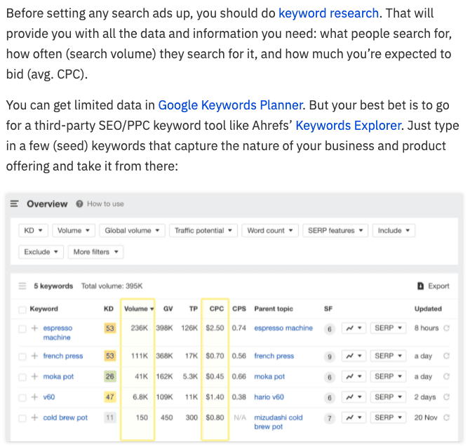 article discussing keyword research tying in their own product, Keywords Explorer