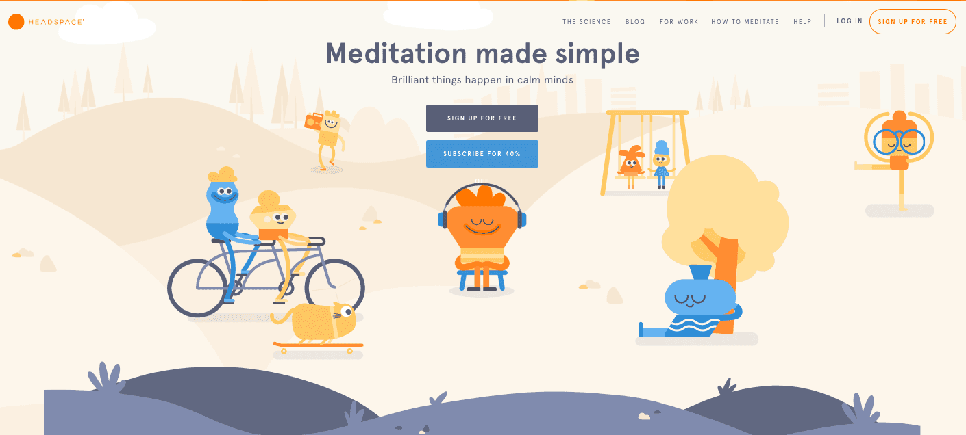 illustrations of characters relaxing, listening to music, riding bikes, walking their dog, doing yoga