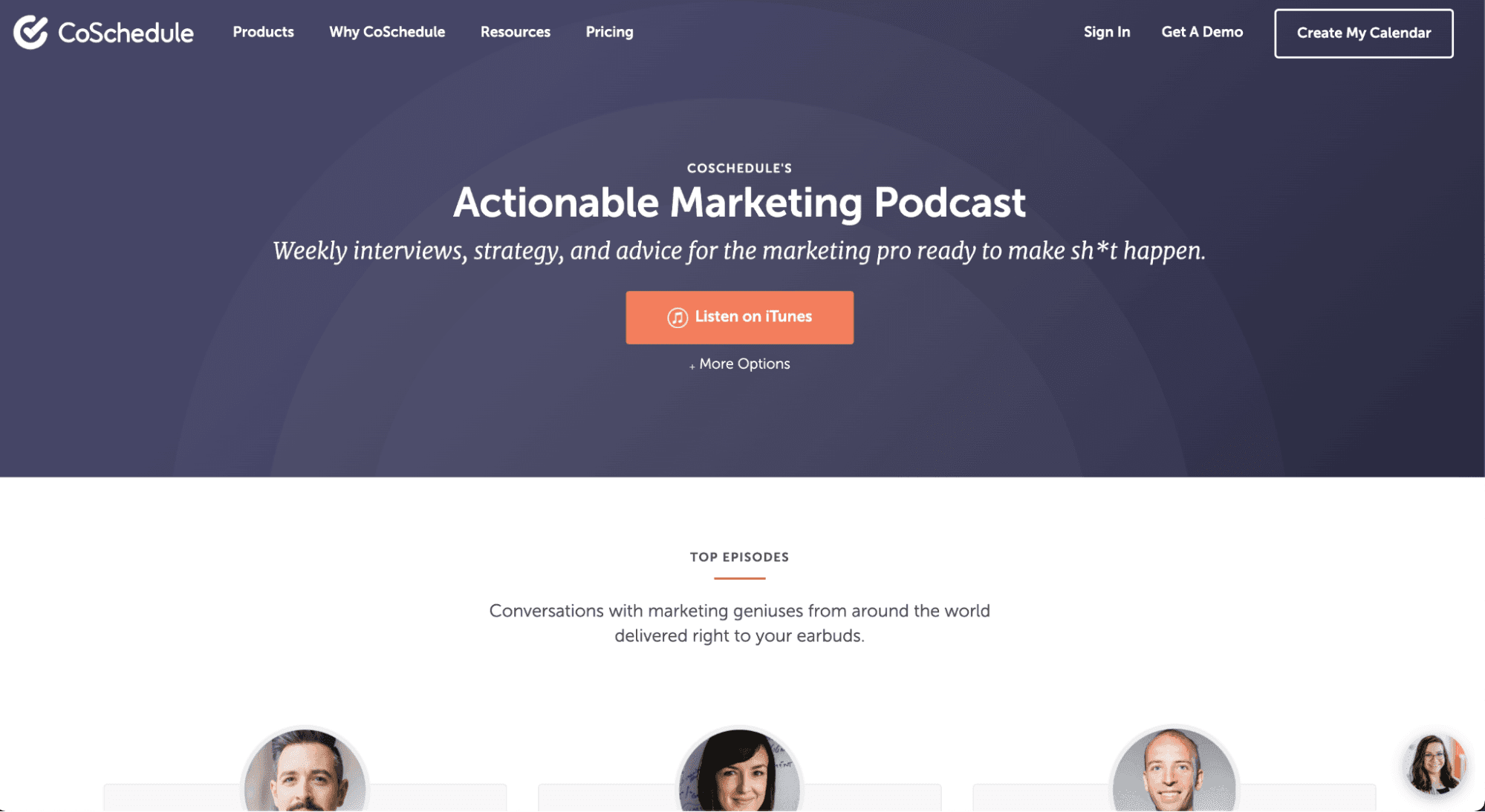 Screenshot of the Actionable Marketing Podcast on the CoSchedule website