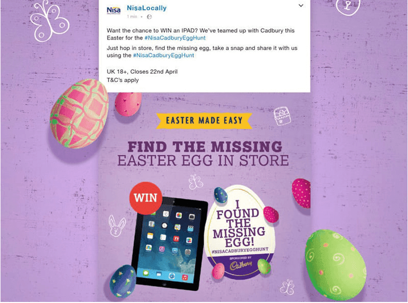 NisaLocally announcing a chance to win an iPad if customers come into a store and find a missing egg.