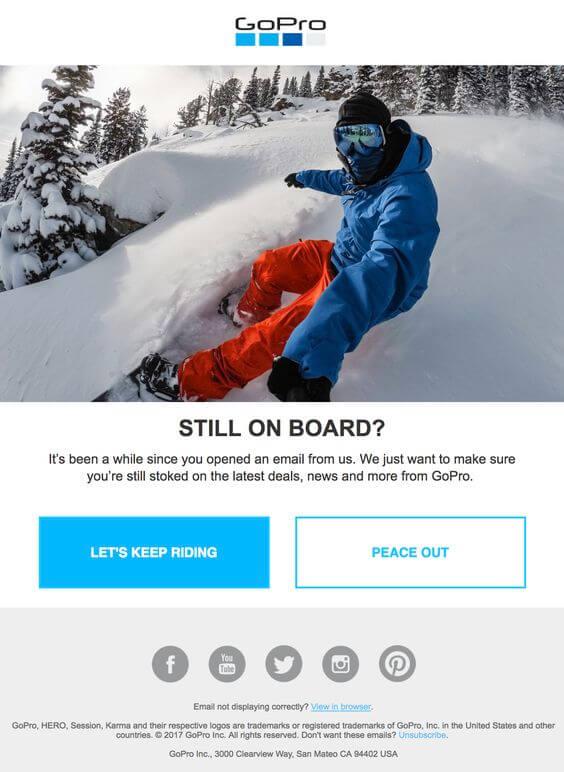 GoPro email example asking subscribers if they still want to receive the latest news and deals from them