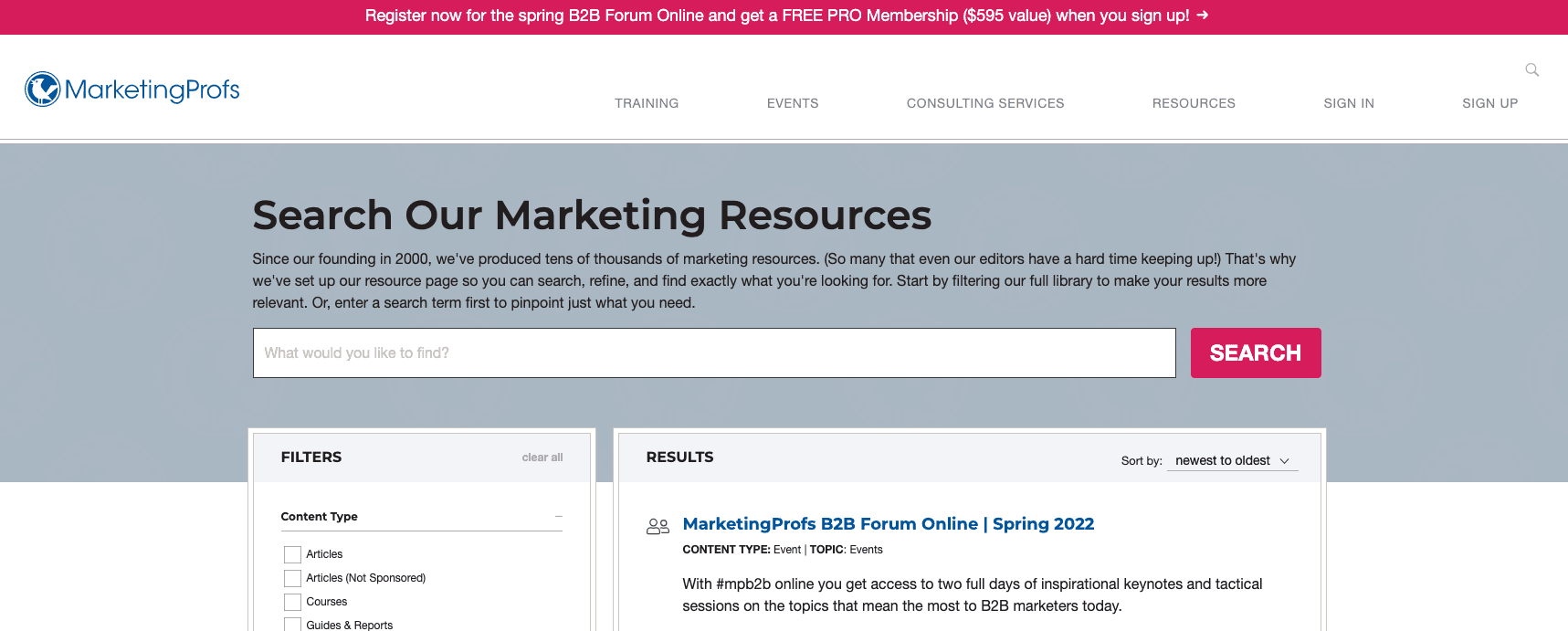 A screenshot of the MarketingProfs Blog Homepage.