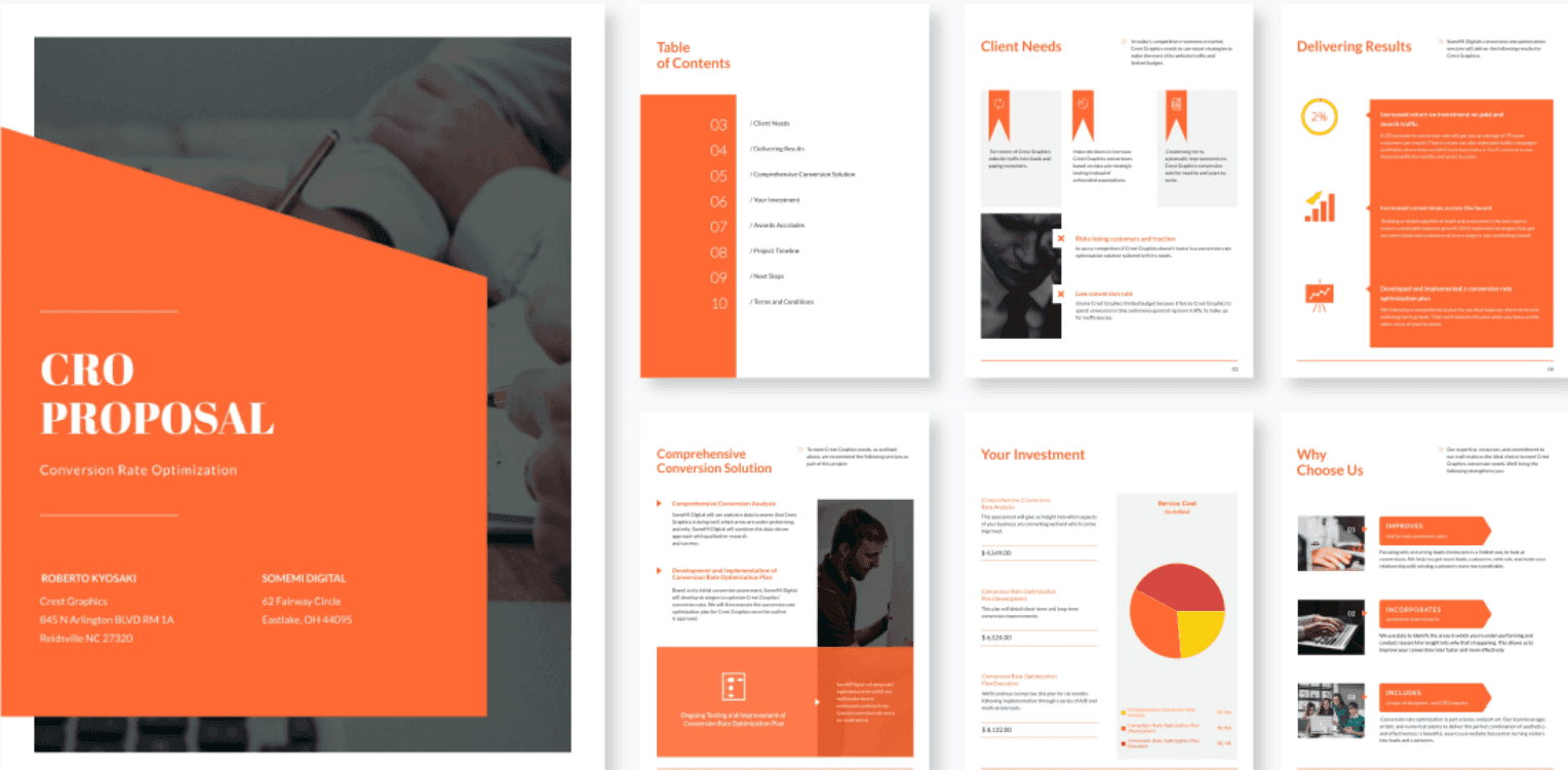 Example layout of a proposal presentation with eye catching colors and images to engage the audience 