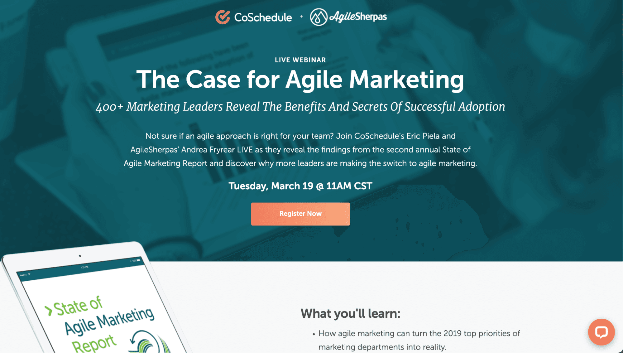 Screenshot of a CoSchedule webinar on Agile Marketing available for customers to attend