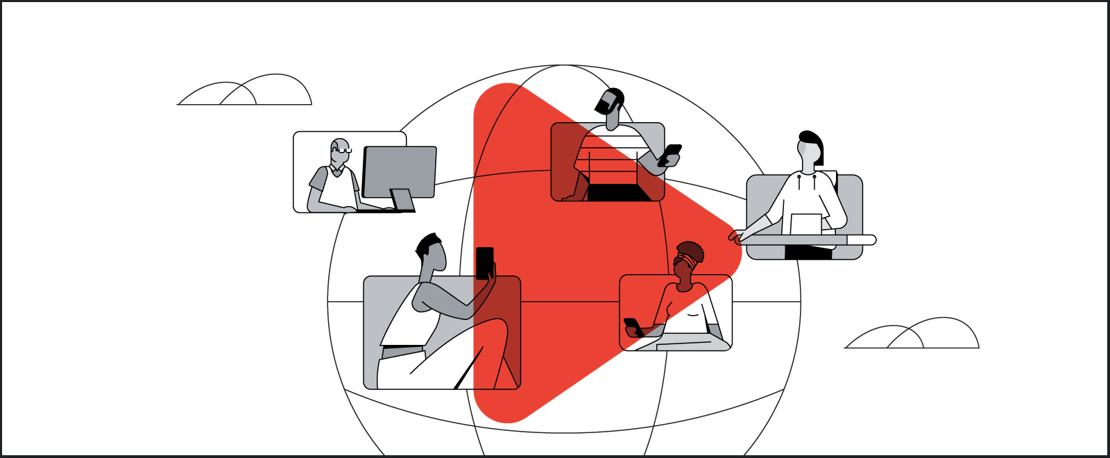 graphic of the youtube play button with a globe behind it and people around the world using their devices