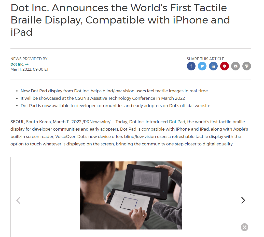 Screenshot of a press release from Dot Inc.