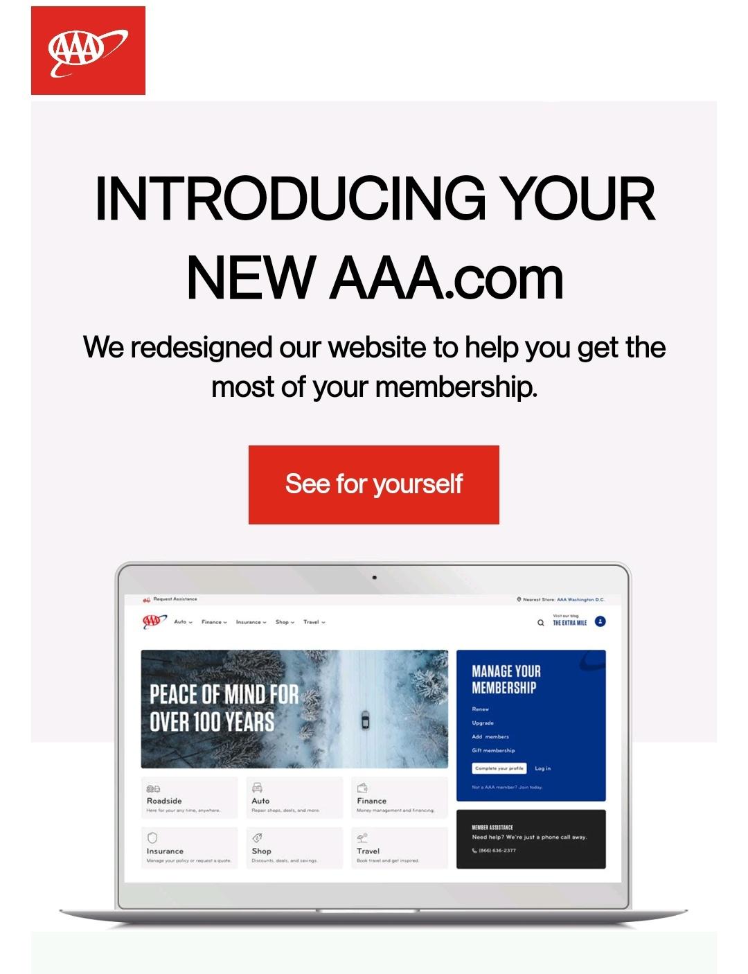A screenshot of an email sent by AAA introducing their newly designed AAA.com