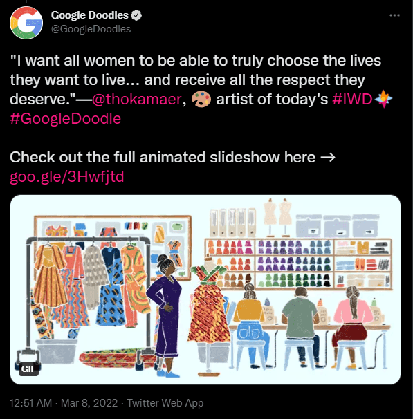 A tweet from the Google Doodles Twitter account, promoting their brand through digital advertisements.