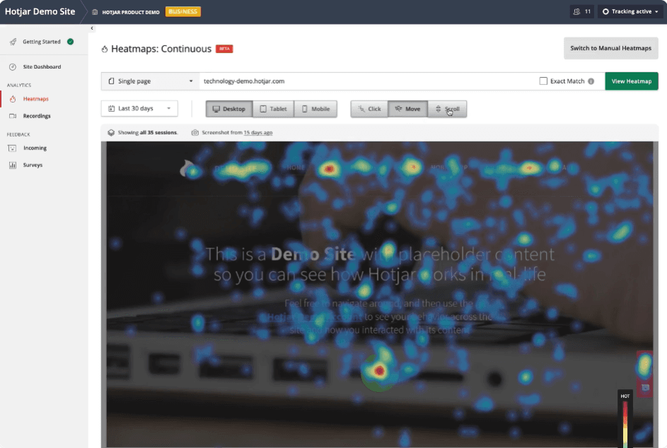 An image of Hotiar's heat map technology tracking customer interactions and behavior with a website.