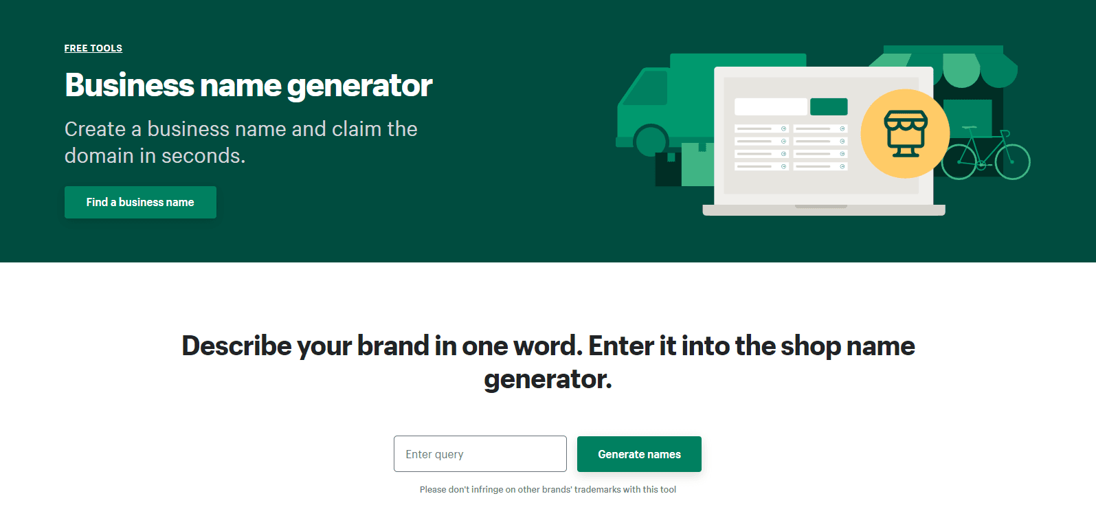 A screenshot of Shopify's online shop name generator.