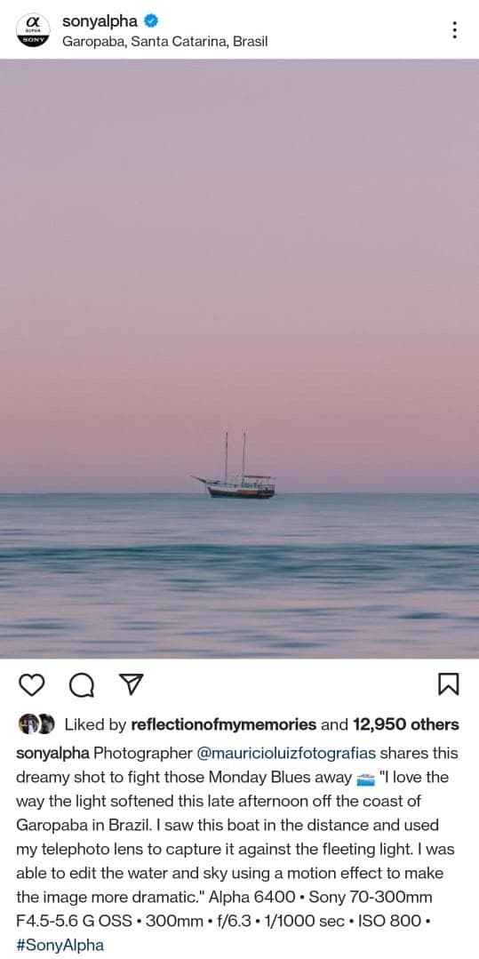 An instagram post taken for Sony Alpha's feed.