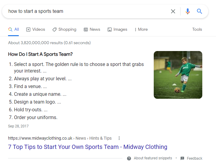 A screenshot from Google, in the search bar is typed "how to start a sports team" with results below.