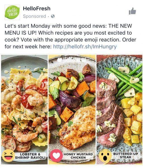 image of a hello fresh facebook post with different dishes that viewers can vote on