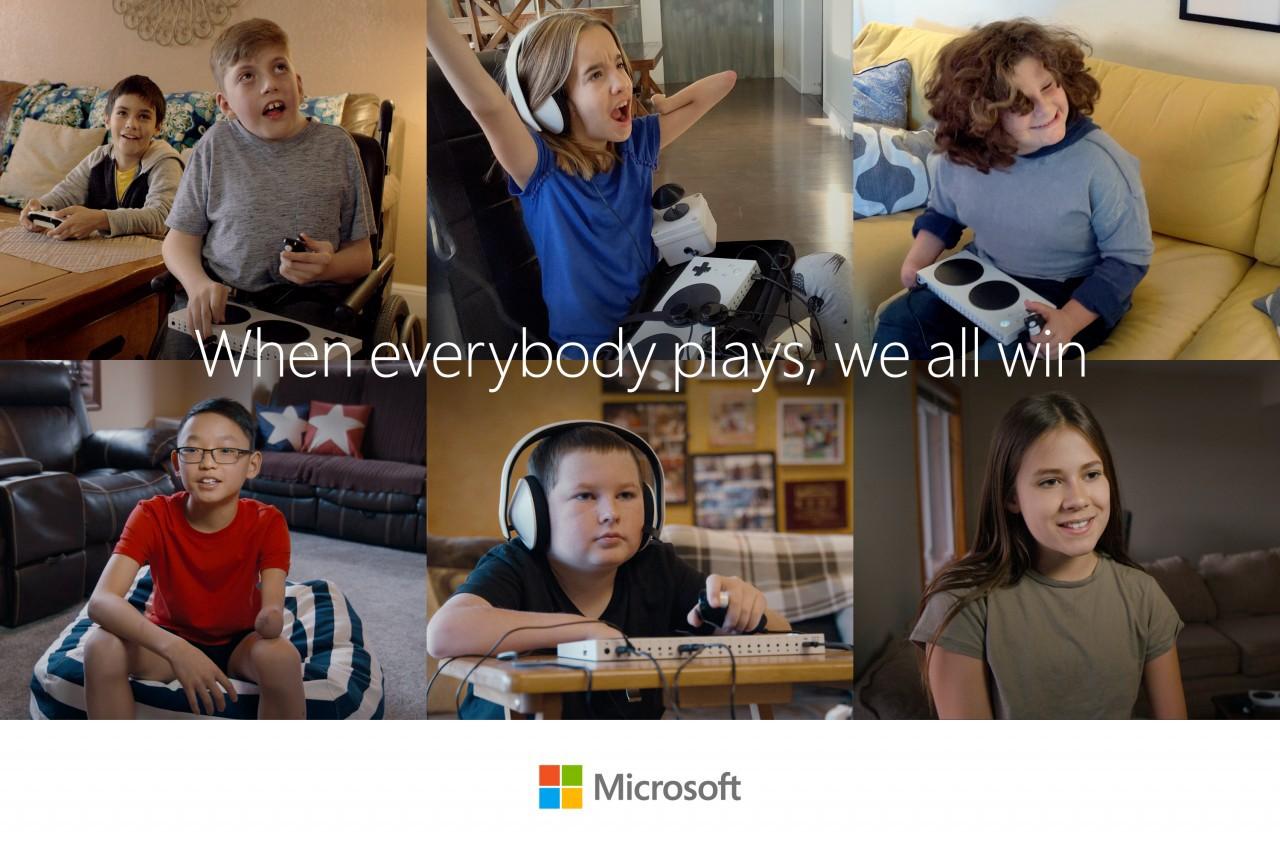 microsoft ad showing children with disabilities gaming. It reads "when everybody plays, we all win"