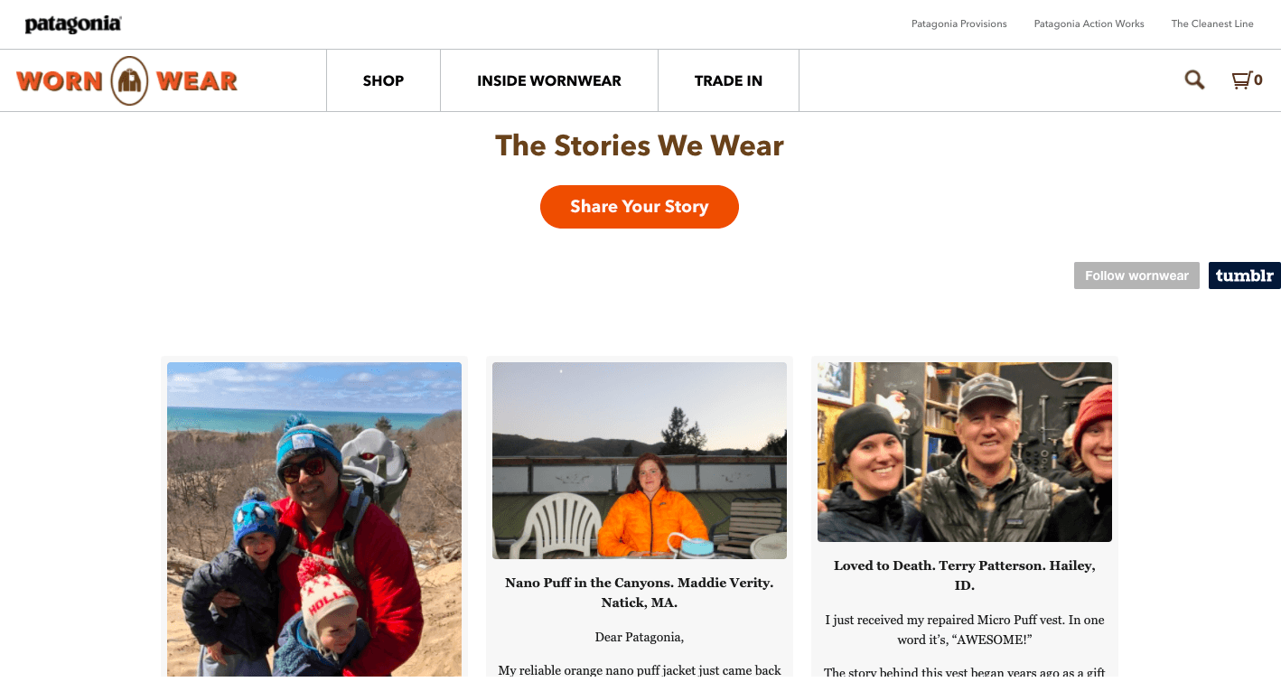 homepage of the WornWear H1 reads "the stories we wear"