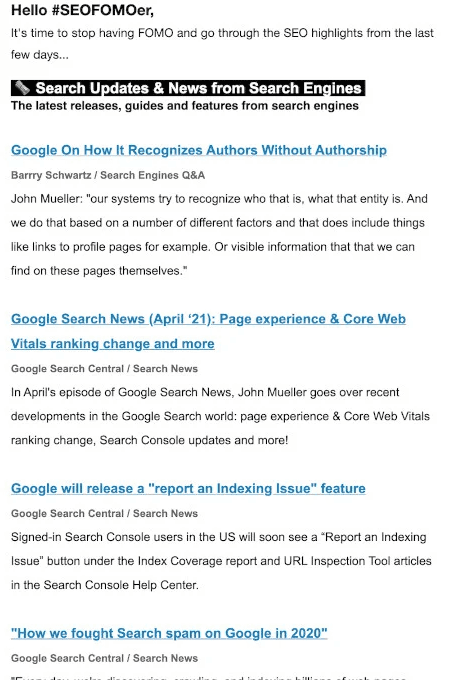 screenshot of SEO FOMO newsletter showing articles about Google-related news