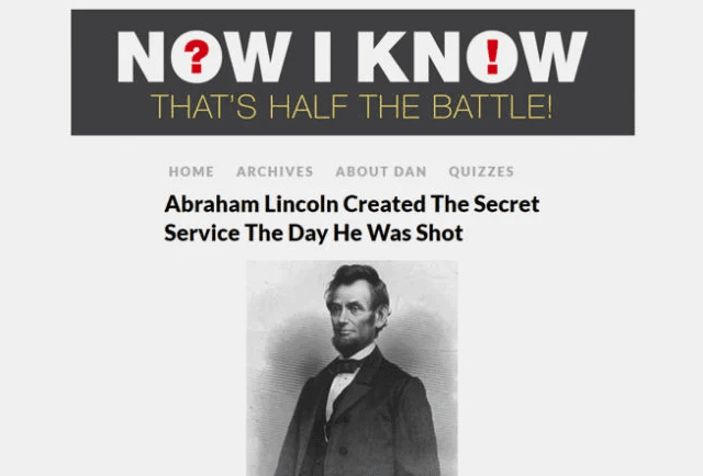 screenshot of newsletter titled "now i know" with a picture of Abe Lincoln