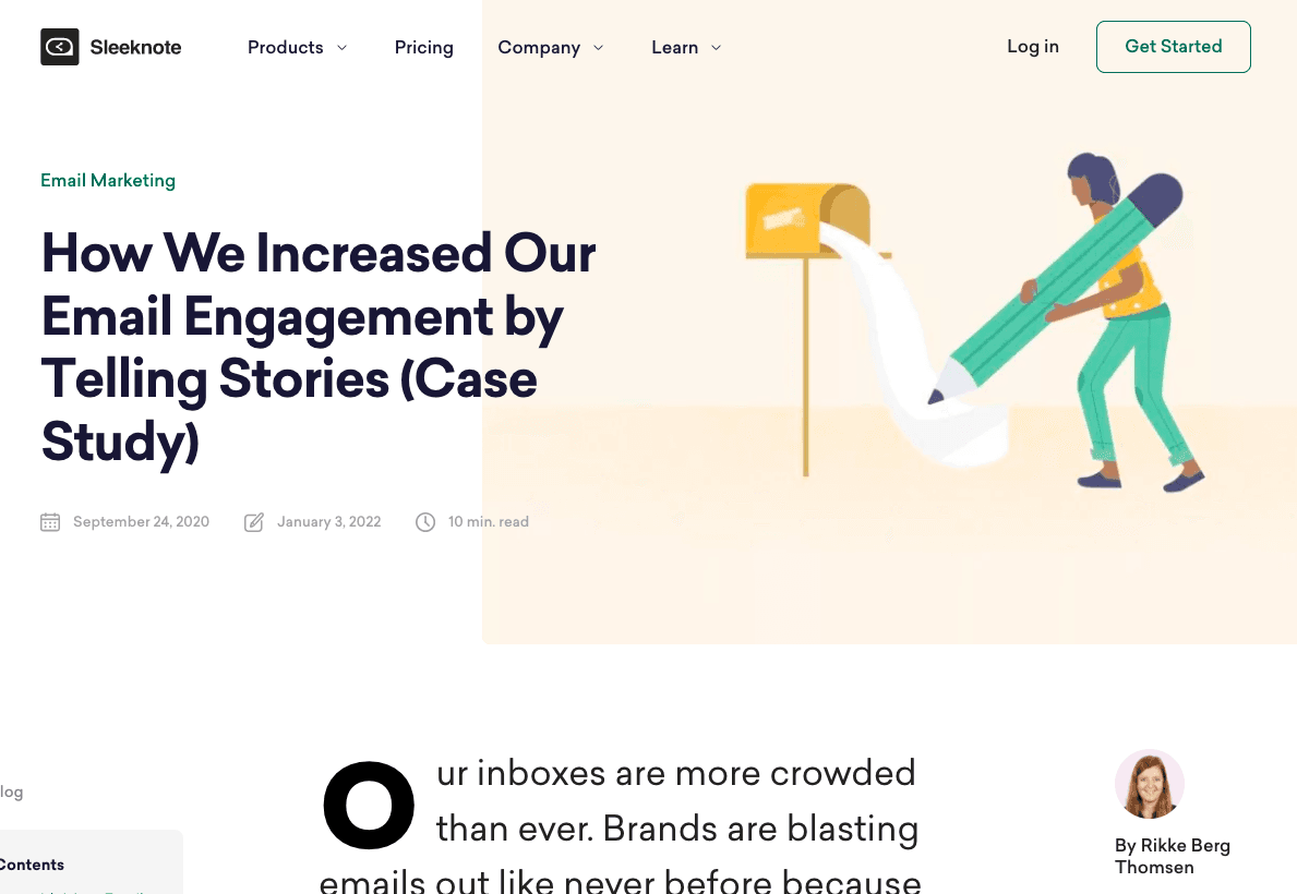  screenshot of sleeknote blog post titled "how we increased our engagement by telling stories