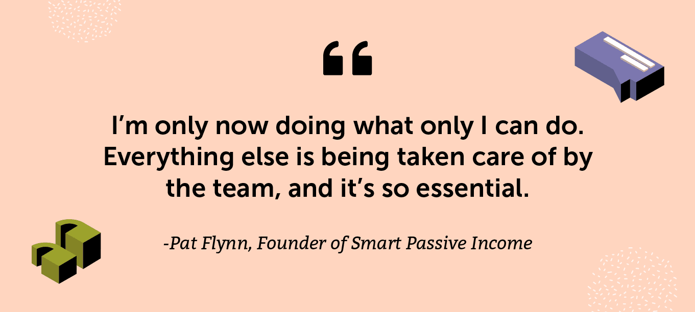 “I’m only now doing what only I can do. Everything else is being taken care of by the team, and it’s so essential.” -Pat Flynn, Founder of Smart Passive Income and author of Will It Fly