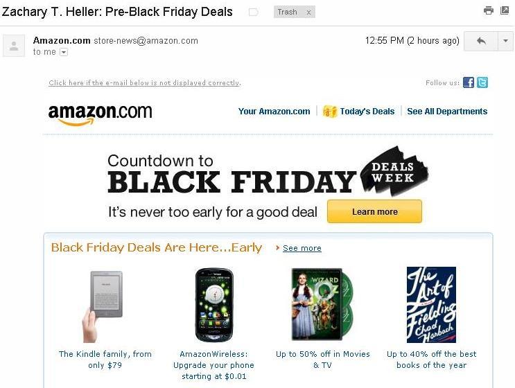 Image showcasing Amazon's email promotion of Black Friday