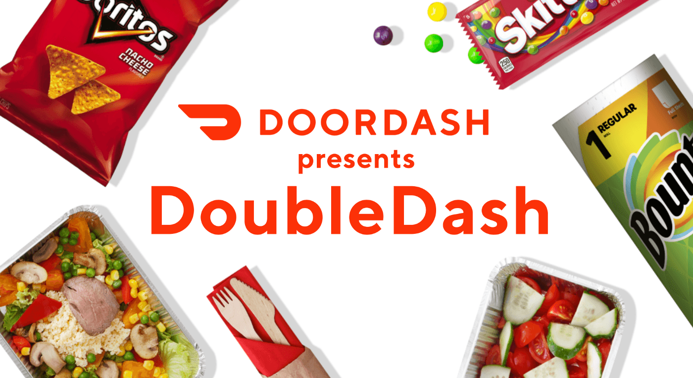 DoubleDash example — "DoorDash Presents DoubleDash" with products surrounding the title