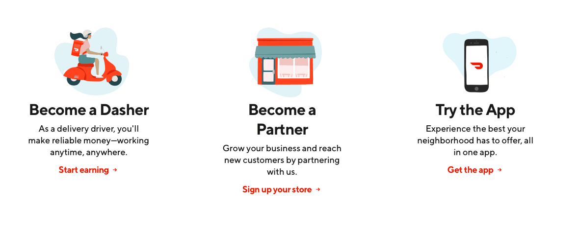 Menu to choose between becoming a Dasher (working for DoorDash), becoming a partner, or trying out the app