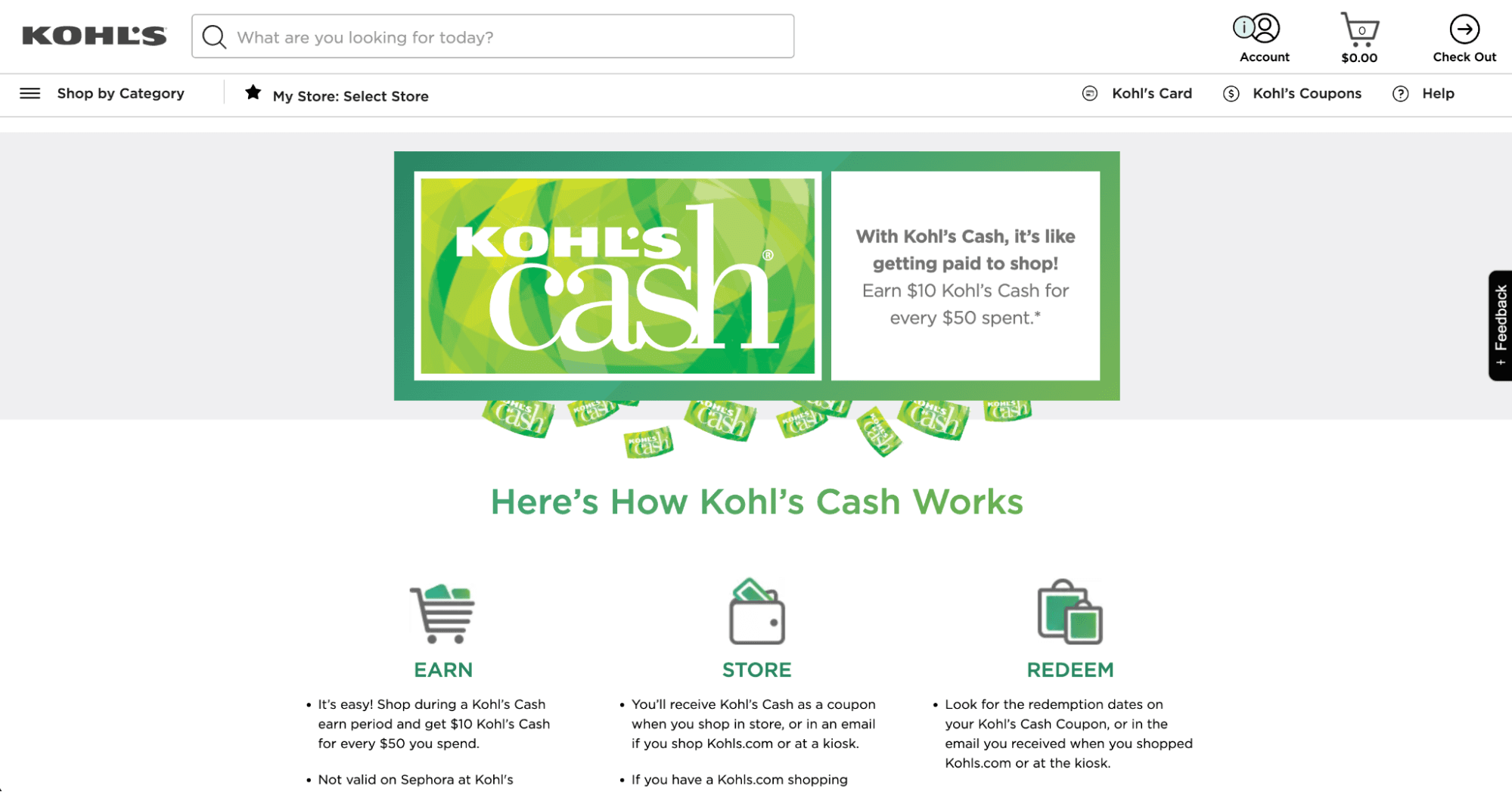A screenshot from the Kohl's website informing customers how the Kohl's Cash program works
