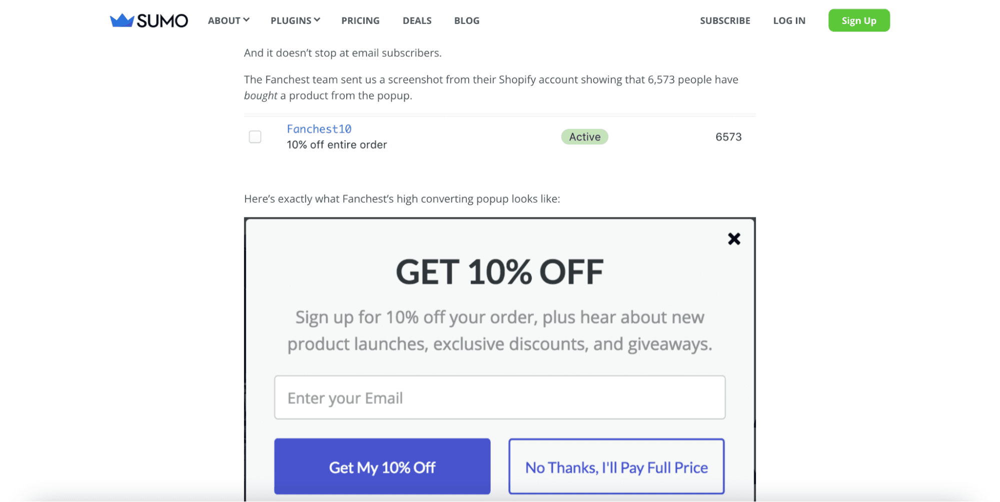 A screenshot from Sumo's case study, displaying the "Get 10% Off" pop up ad that customers were presented.