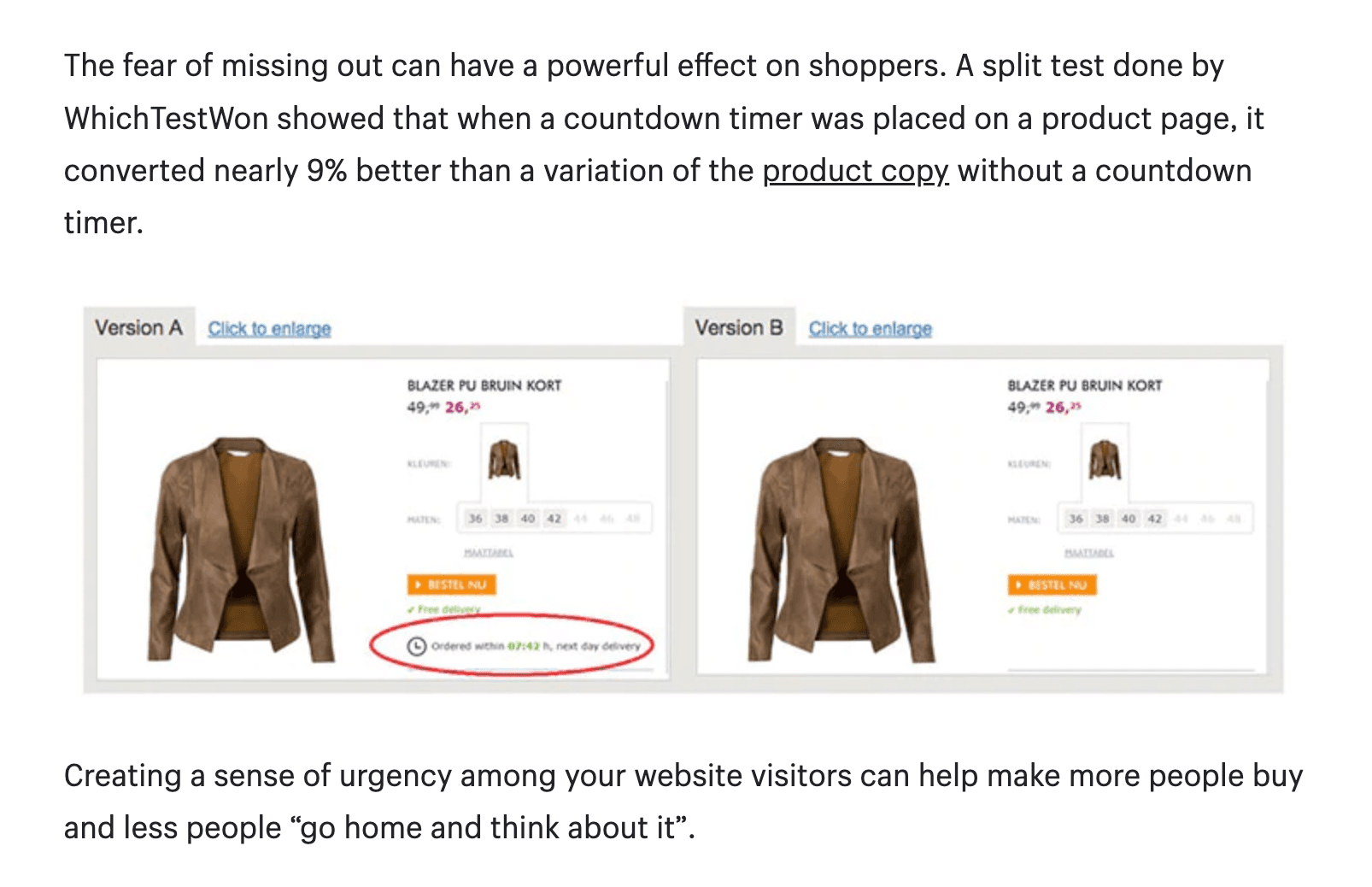 Two screenshots from a shopping website back to back. One has a countdown timer, reading "Order within 07:42, next day delivery", the other does not have this. 