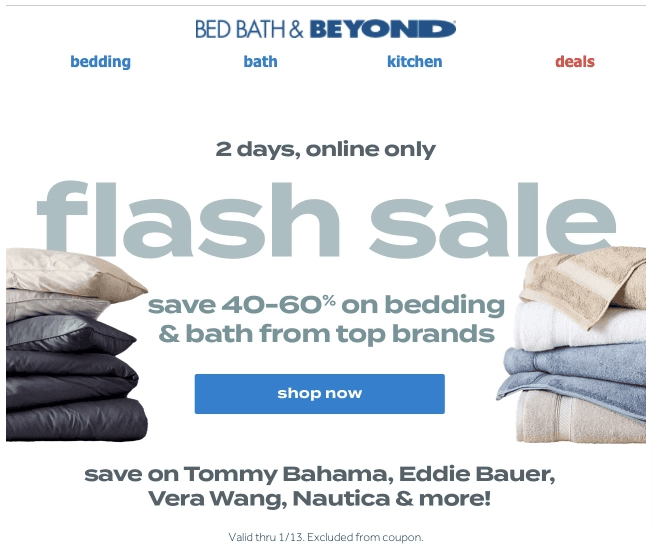 An advertisement from Bed Bath & Beyond, promotion a 2 day online only flash sale. 