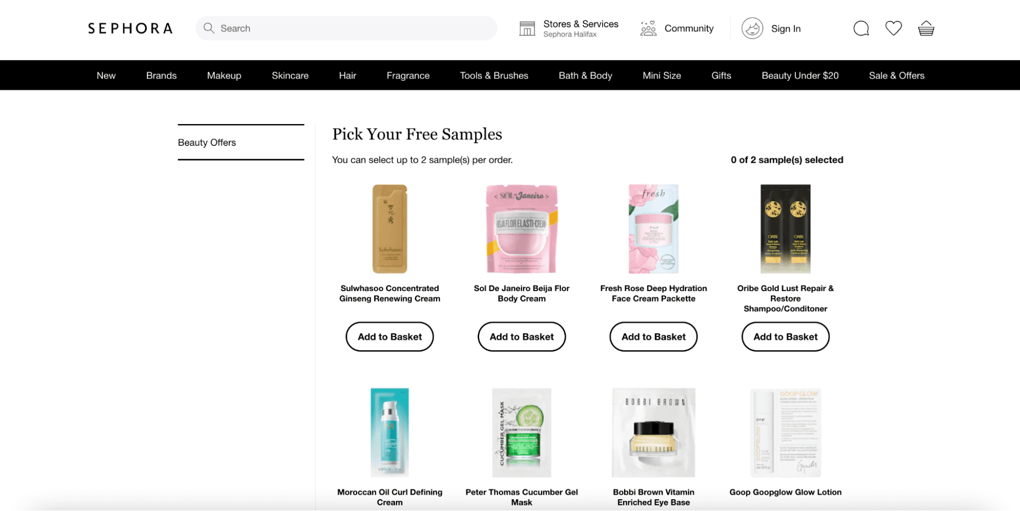 A screenshot of the Sephora website, displaying free samples customers can pick from when they order.