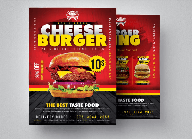 A flyer with a large image of a cheeseburger in the middle.