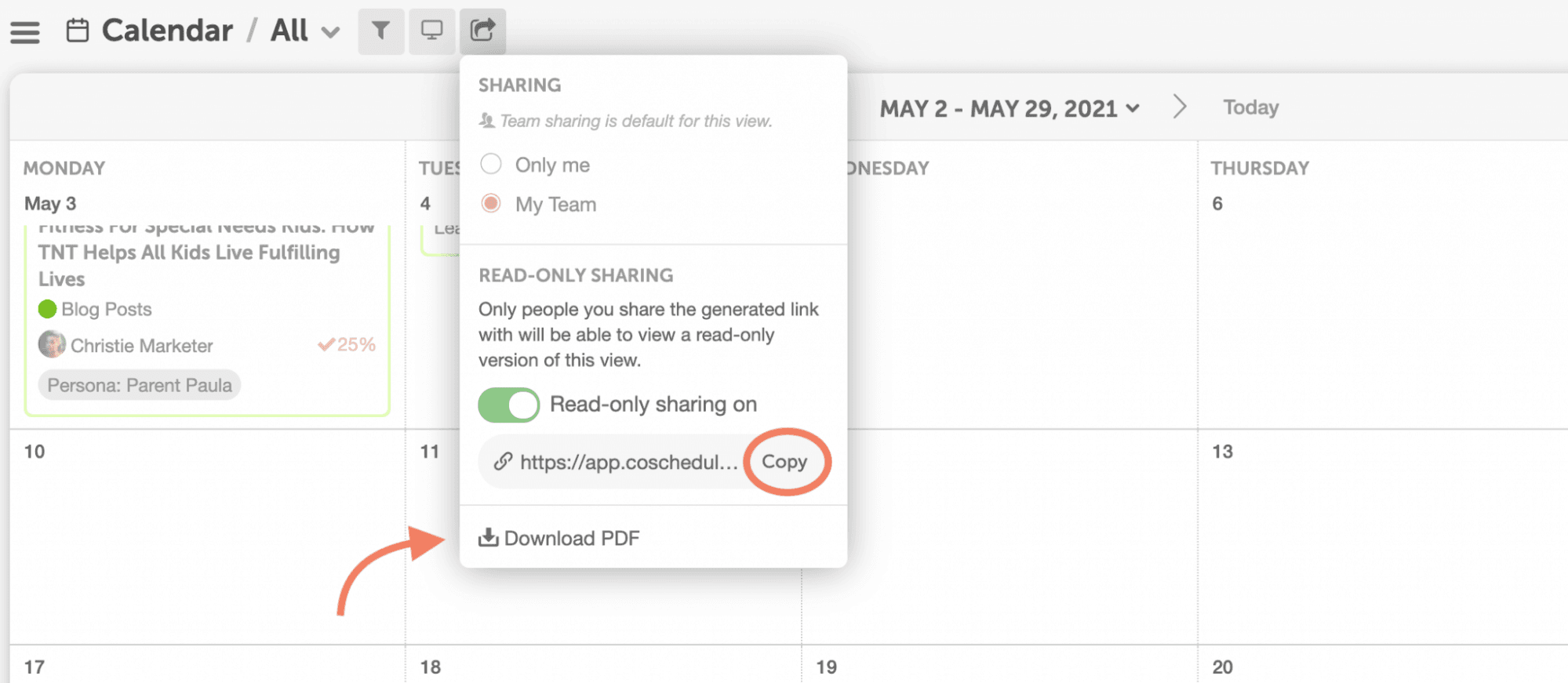 read only link and pdf download options in marketing calendar