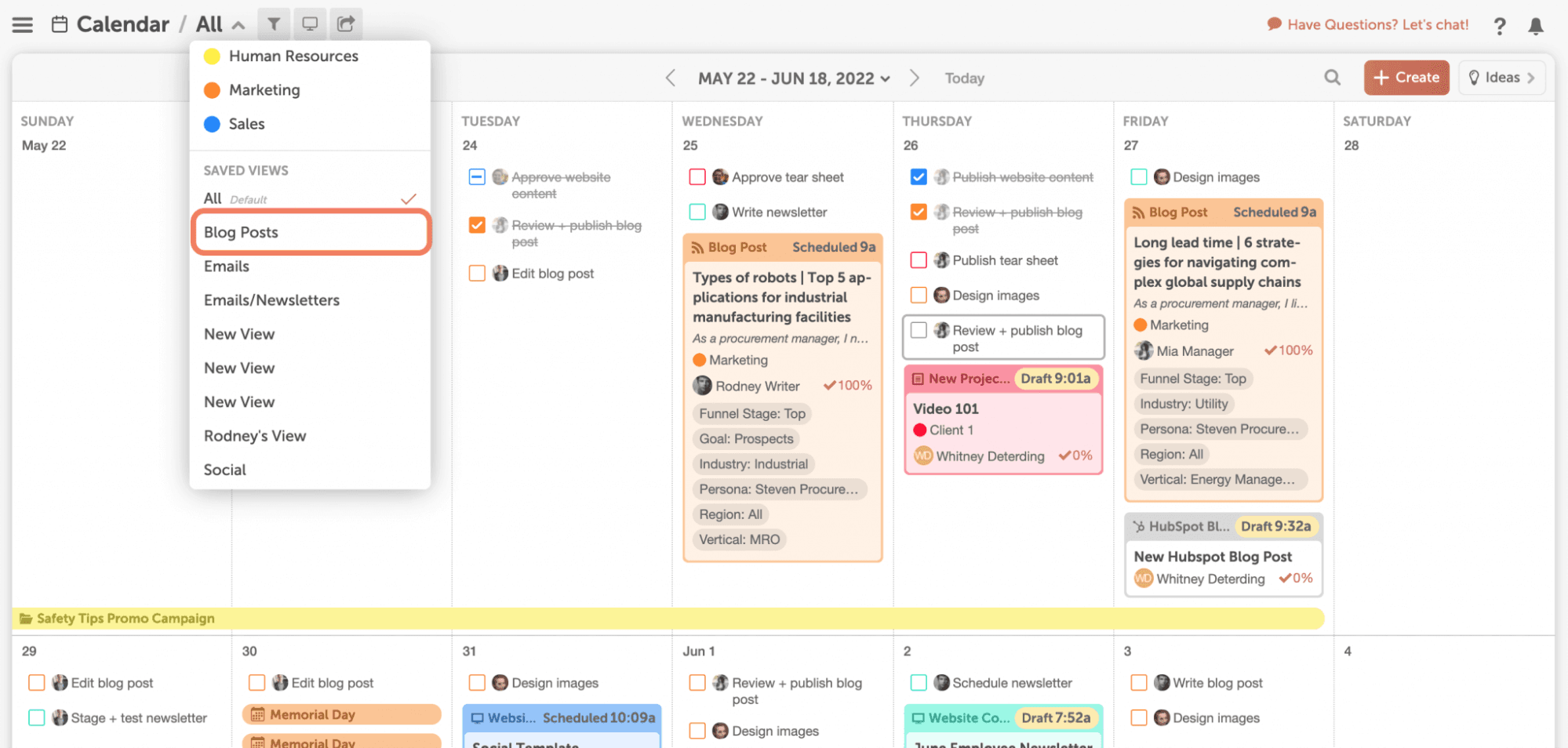 blog post view in marketing calendar