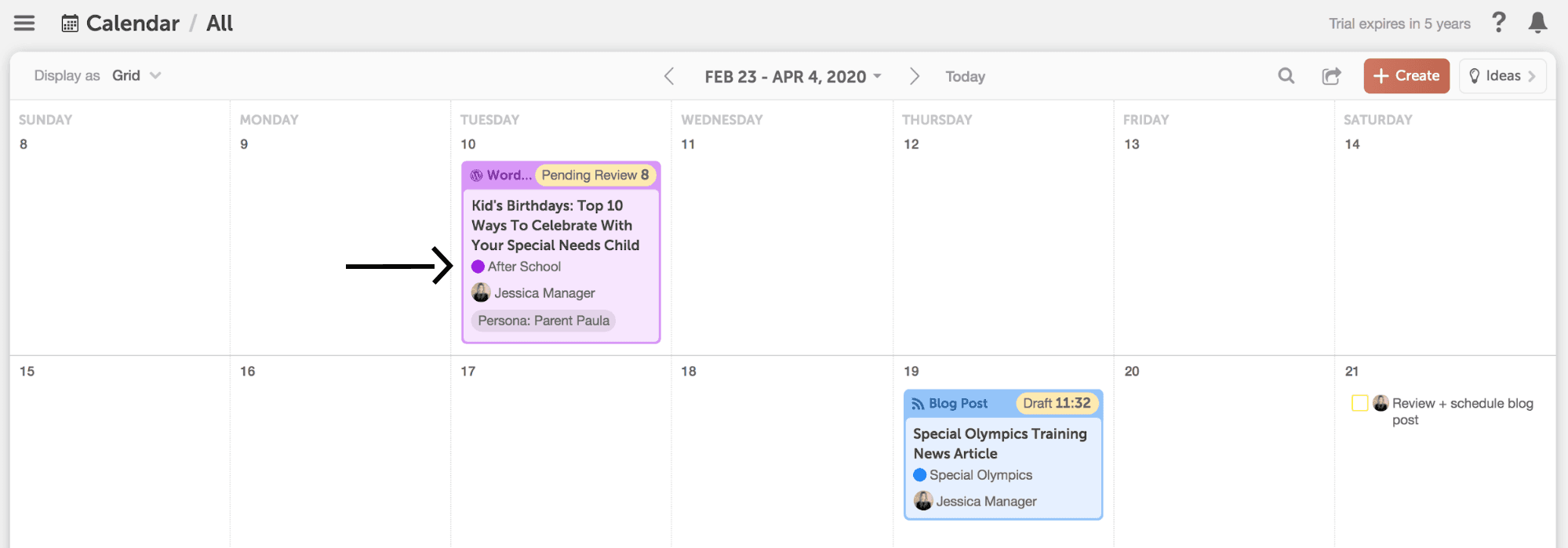 image showing color labels on a project in marketing calendar