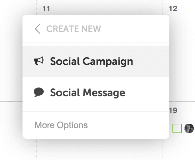 image showing "create new social message" in marketing calendar