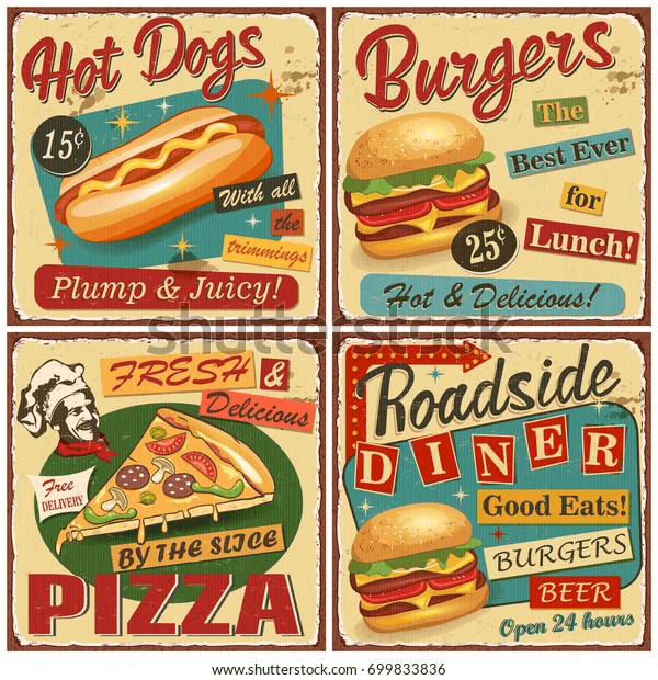 4 examples of old school diner flyers.