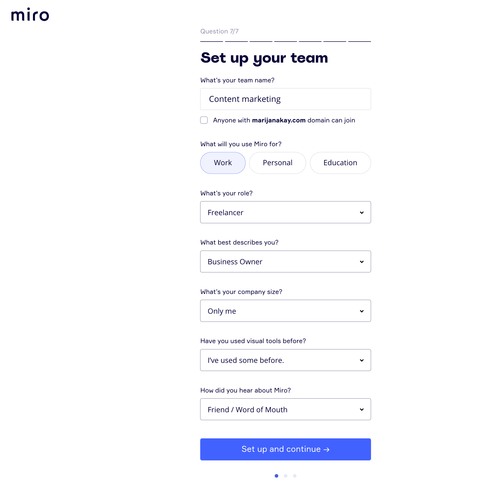 A screenshot from the Miro website, questions asked customers during their onboarding experience.