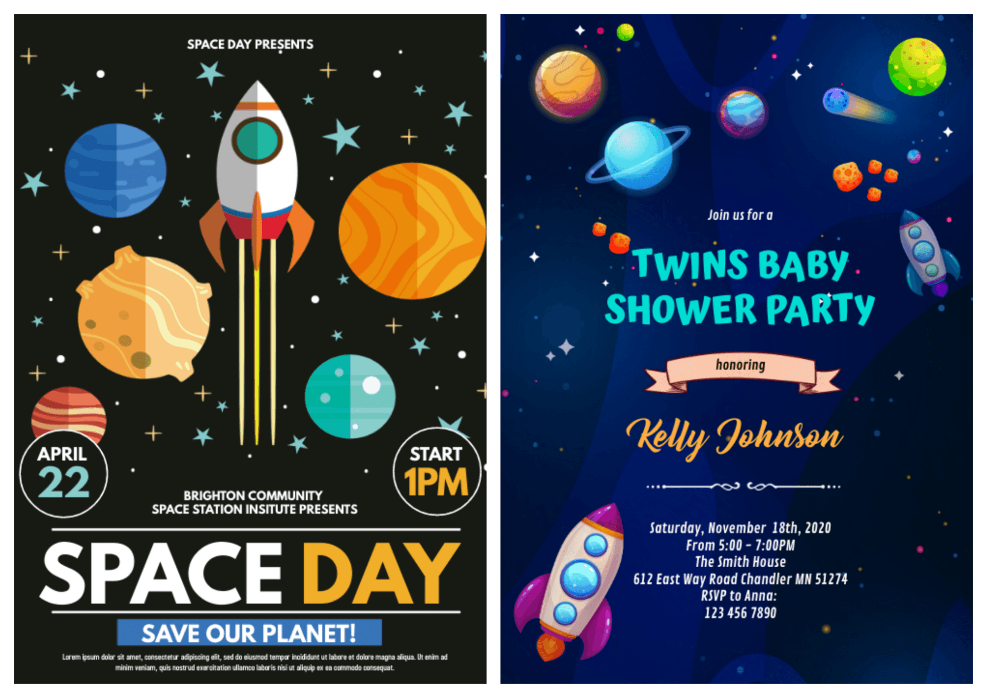 Two flyers designed with an outer space theme.