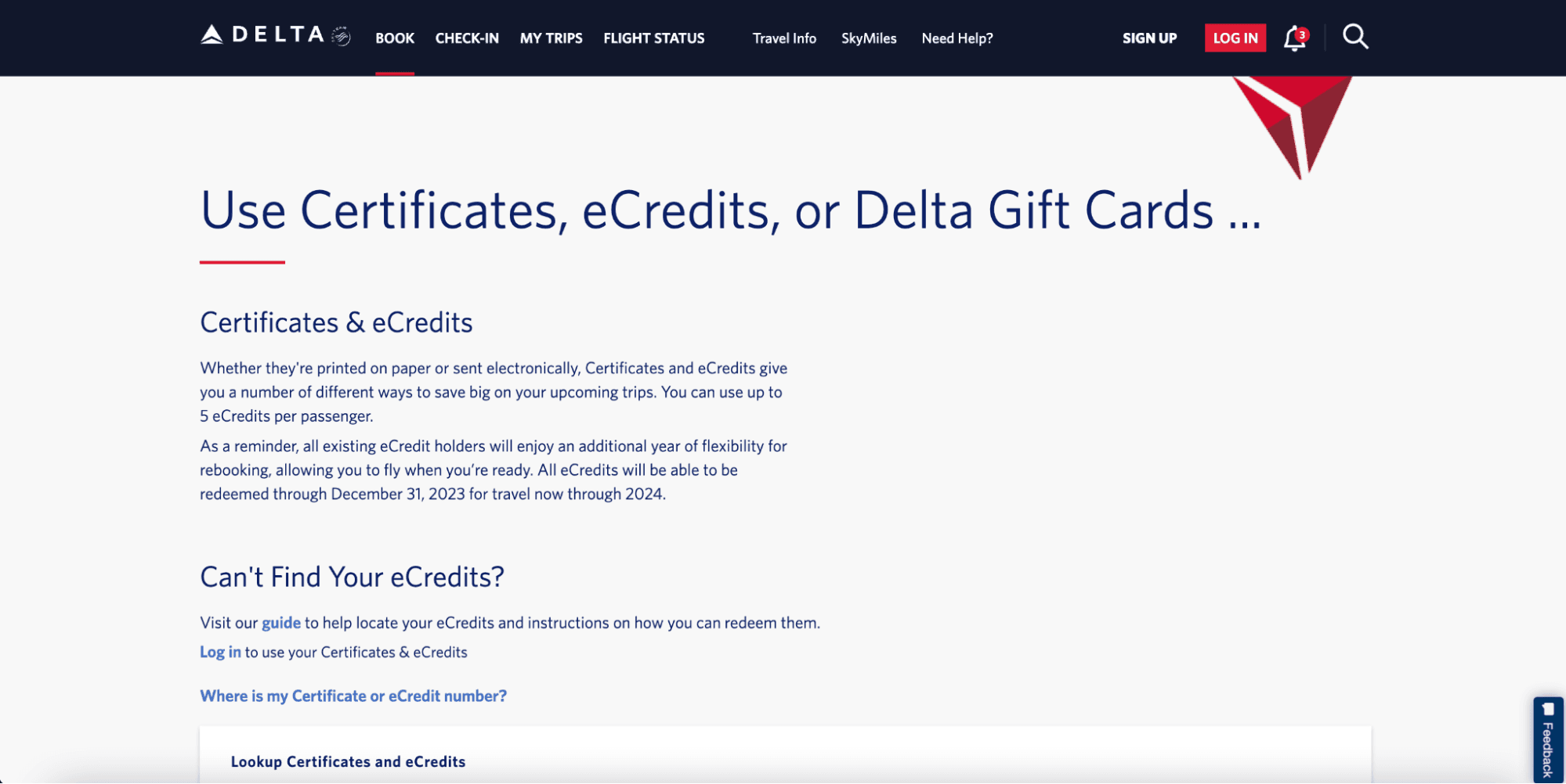 A screenshot of the Delta website, displaying information about vouchers Delta offers their customers.