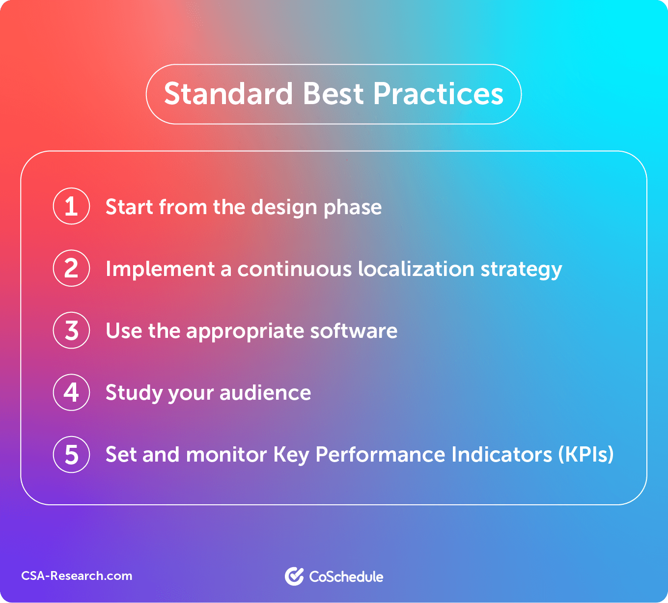 Overview list of the 5 standard best practices for localization