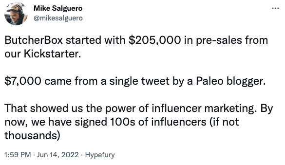 Tweet about how influencer marketing helped ButcherBox sales