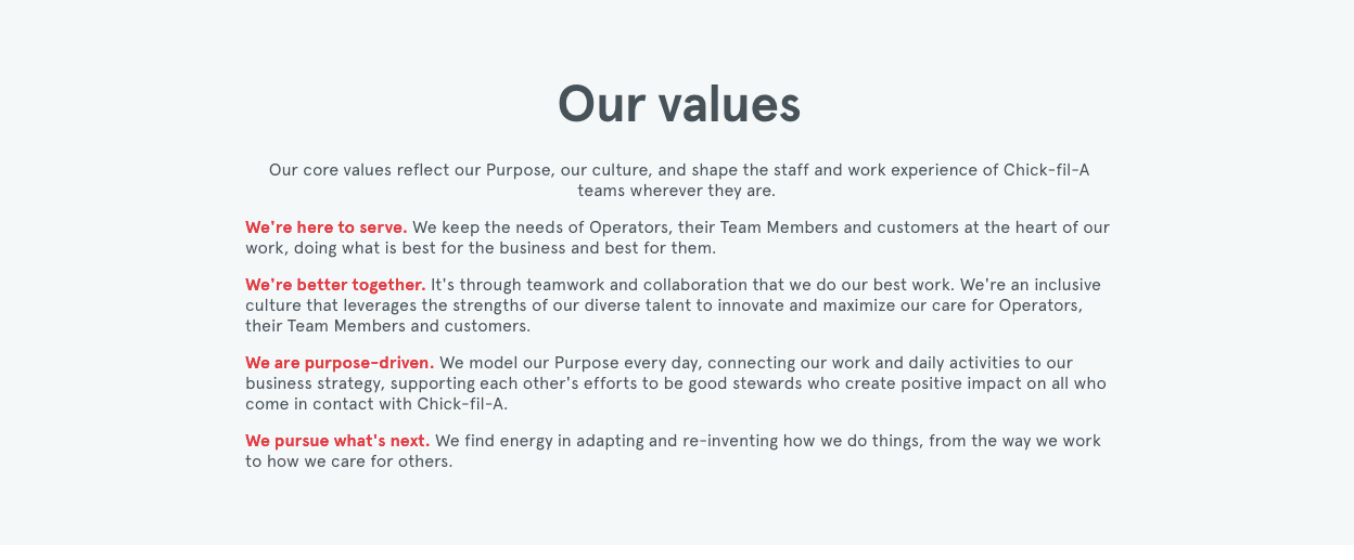 Example of company values from Chick-Fil-A