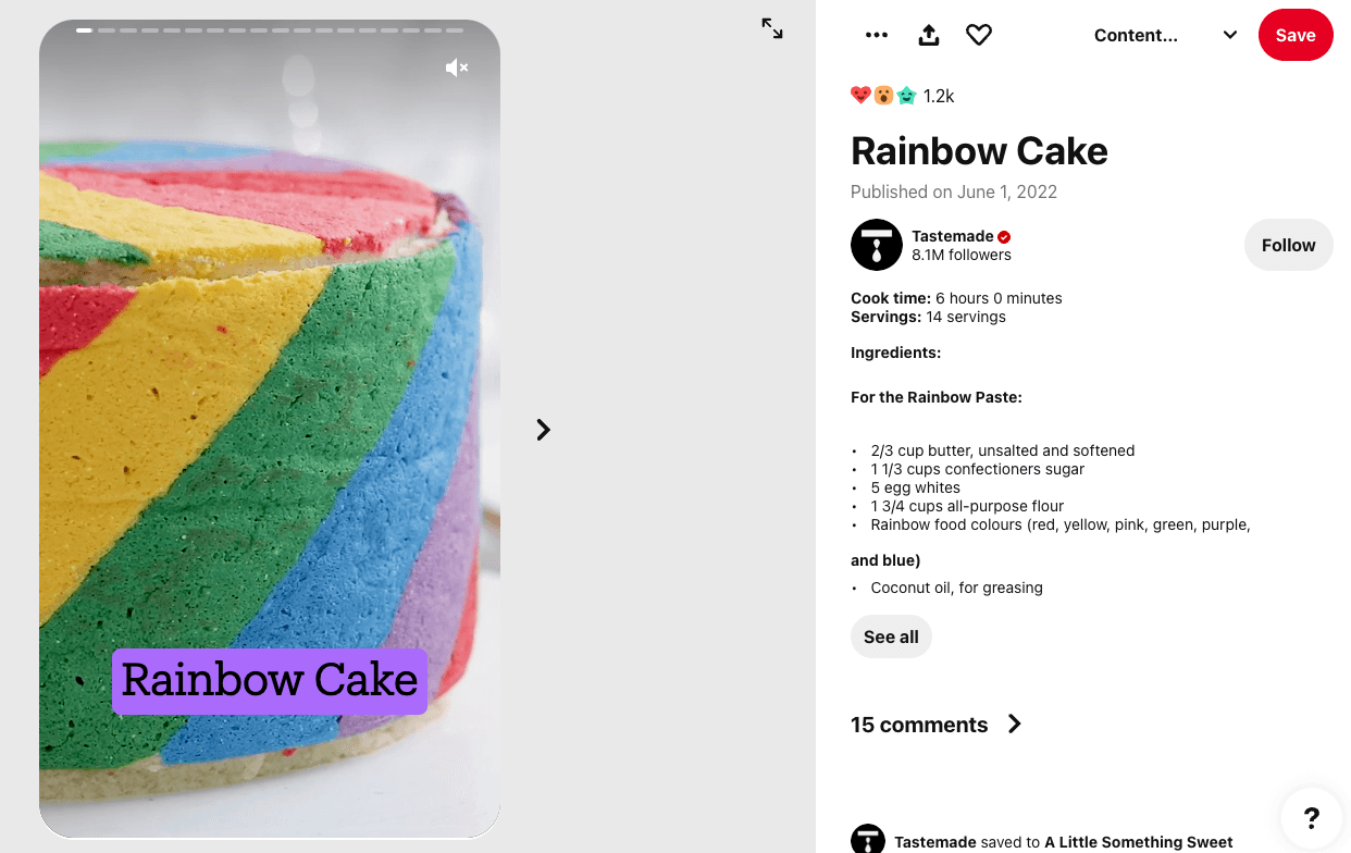 Example of a pin; Tastemade posting about Rainbow Cake