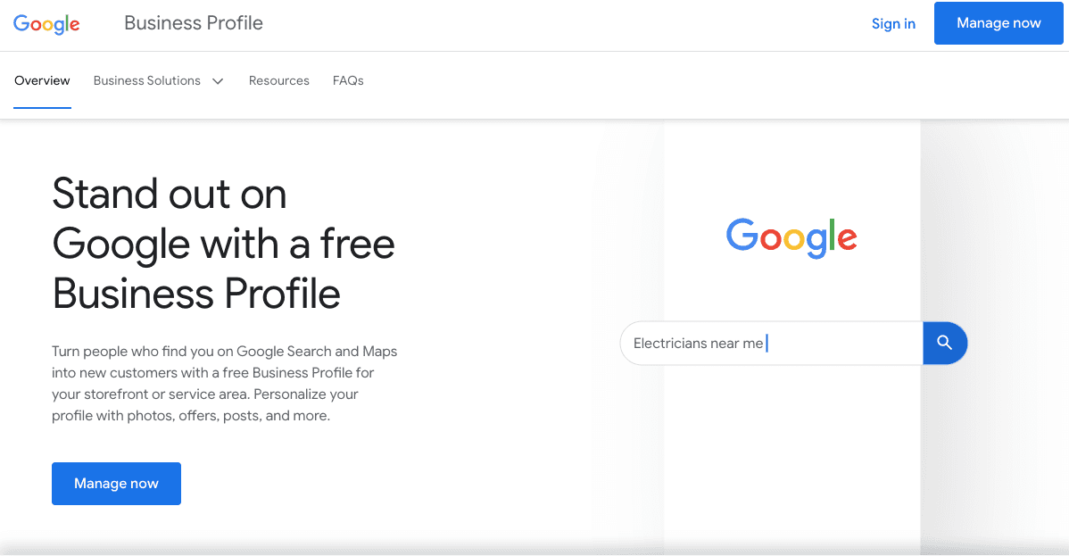 Google Business Profile homepage 