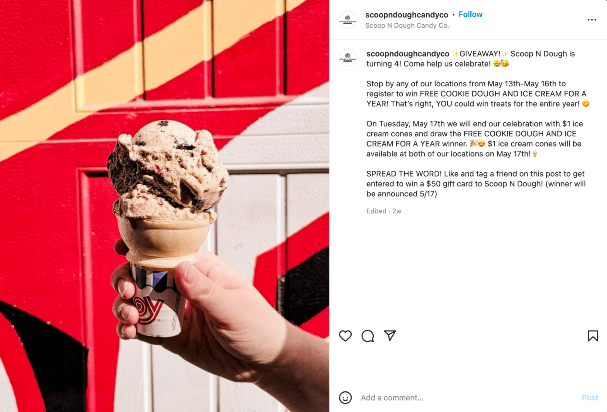Example of a Instagram giveaway from Scoop N Dough Candy Co.
